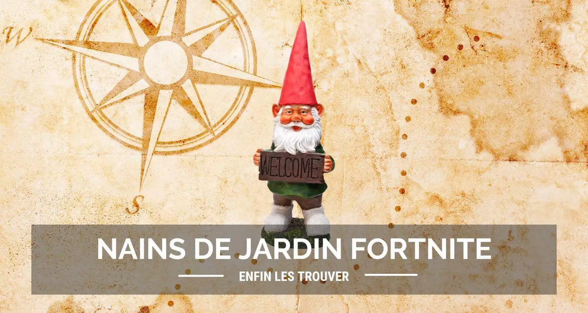 Un nain de jardin devant la carte de fortnite qui détaille ou les trouver