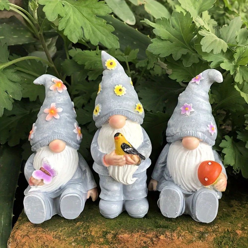 Lot de 3 nain de jardin de couleur gris avec papillon, oiseau et champignon
