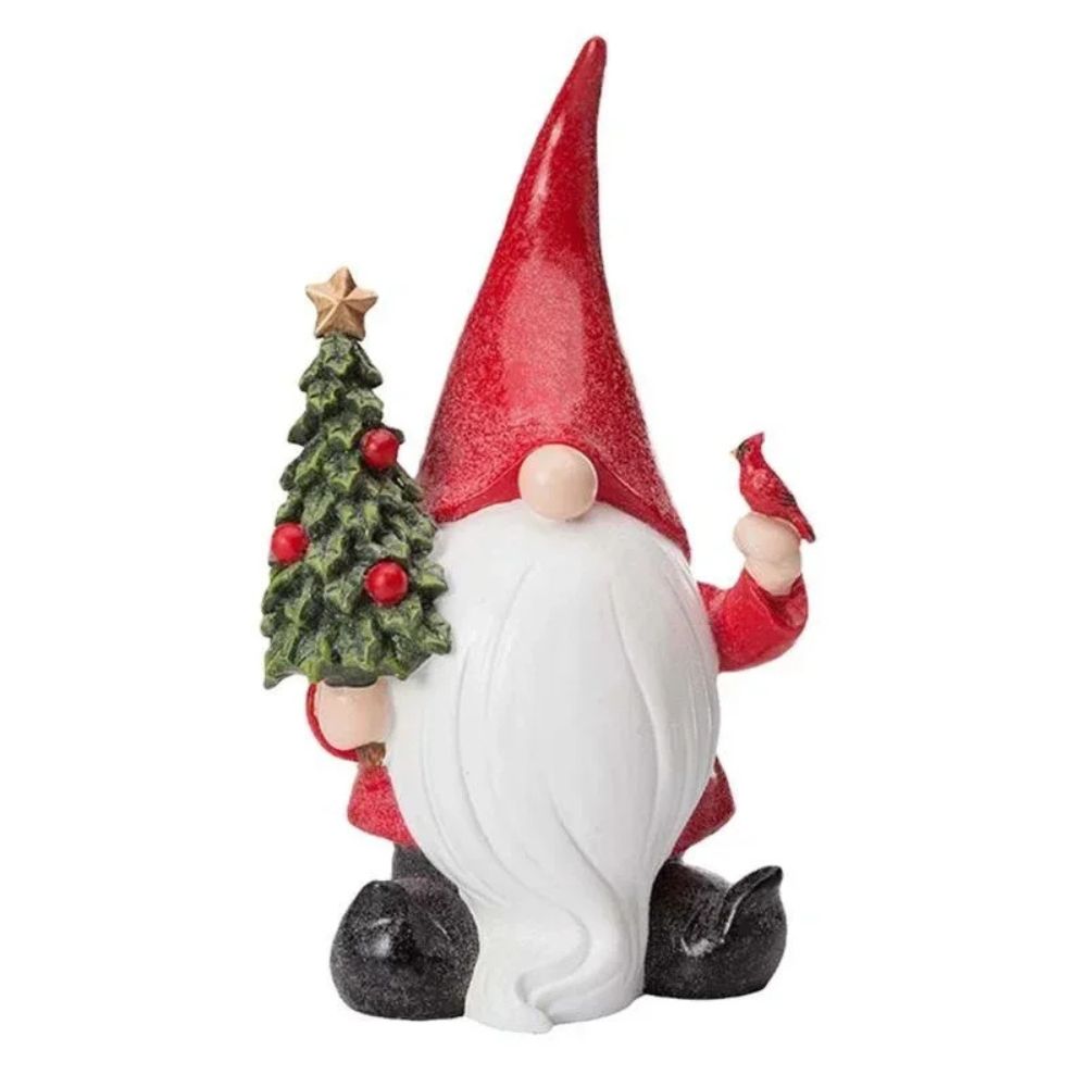 Nain de jardin père noël avec oiseaux et sapin sur fond blanc